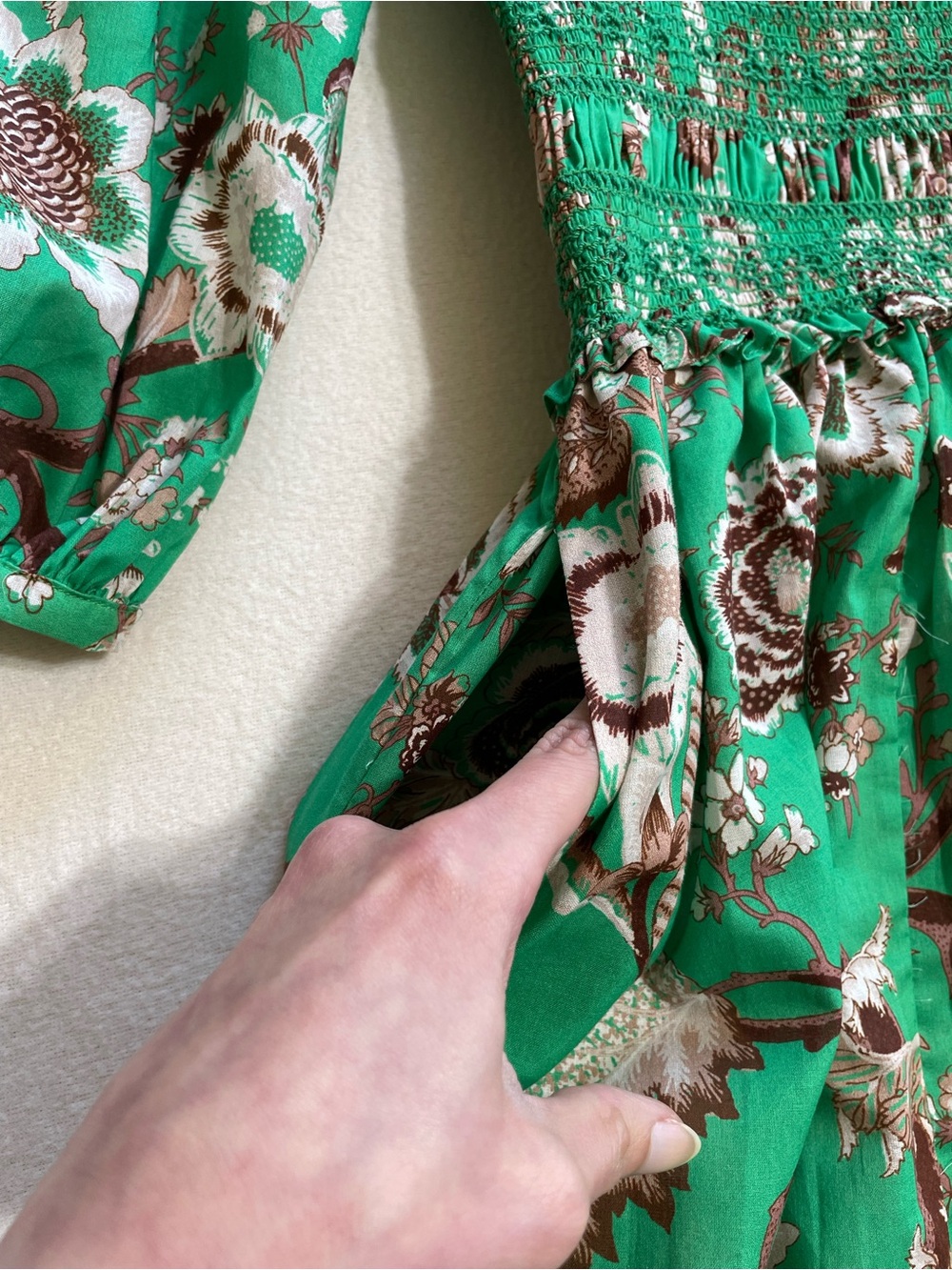 Cara Cara Jazzy Midi Dress Green Floral Smocked Puff Sleeve Cotton Cottagecore - Picture 14 of 16